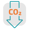 Icon zu „Less CO2” (Weniger CO2). Symbolisiert durch einen absteigenden Pfeil.