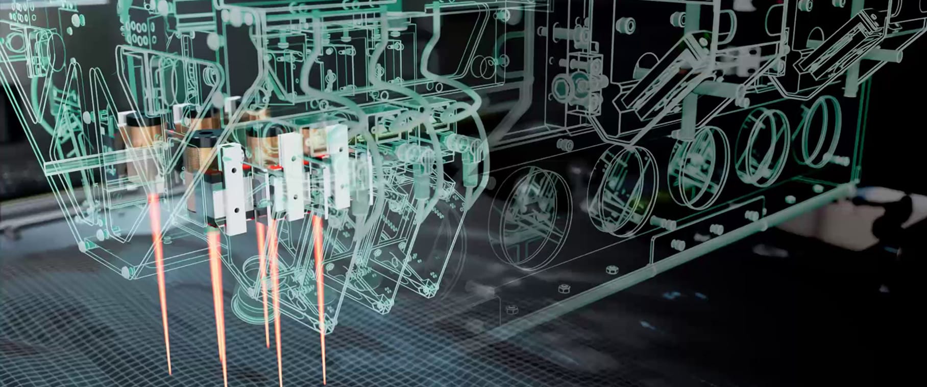 Das Bild zeigt den Scribing-Prozess. Durch ein Closed-Loop-Autofokus-System für jeden einzelnen Laserstrahl werden Fade-outs vermieden. Zu diesem Zweck ist jeder einzelne Laserstrahl mit einer individuellen Entfernungsmessung, einer Schnellfokussierlinse und einer Hochgeschwindigkeitselektronik ausgestattet.