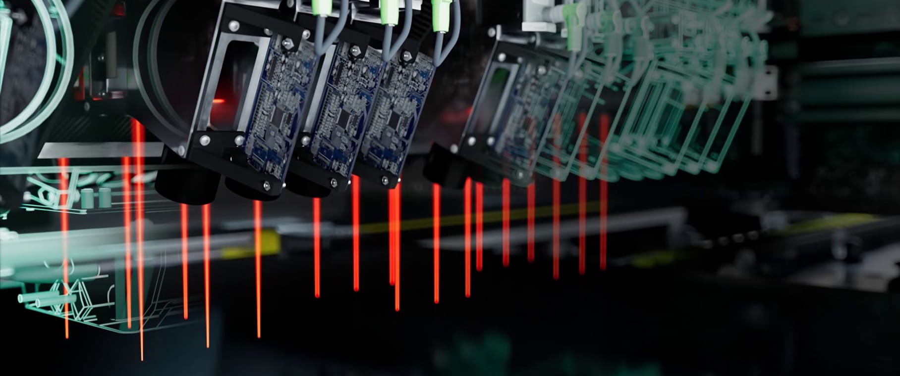 Das Bild zeigt den Scribing-Prozess. Die Scribe-Ergebnisse sind durch den individuellen Laserleistungsabgleich identisch. Dies wird durch zusätzliche Sensoren und präzise Optomechanik erreicht, die die Laserleistung direkt auf Werkstückebene messen und aktiv anpassen.