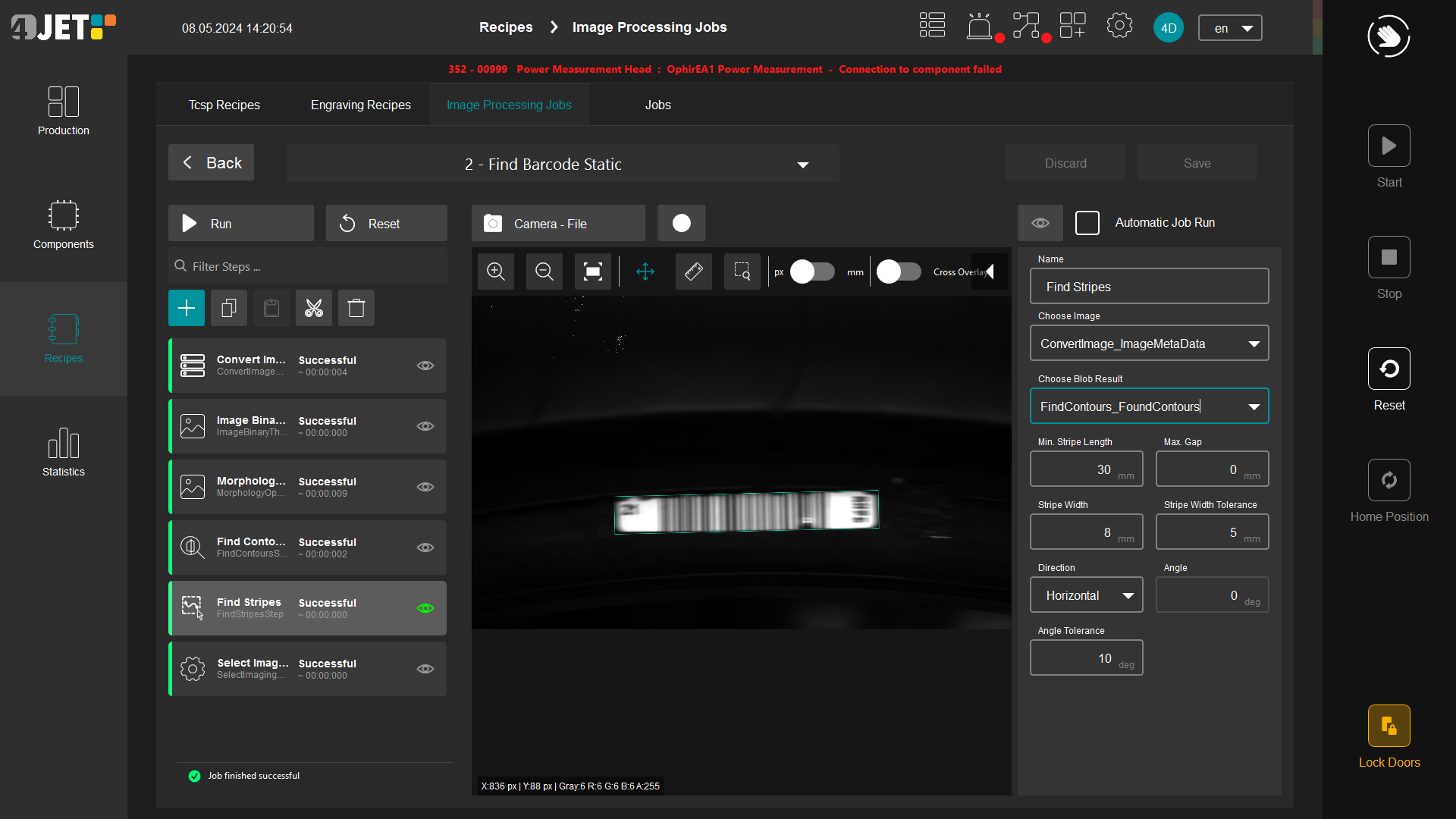 Hier sieht man einen Bildverarbeitungsjob. Auf der linken Seite sind die einzelnen Schritte, die man sich frei zusammen konfigurieren kann und auf der rechten Seite die Parameter zu dem jeweiligen Schritt.