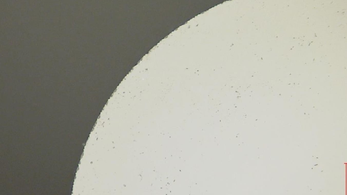 Mikroskopbild einer gekrümmten Schnittkante. Das Bauteil ist relativ zur Umgebung hell erleuchtet.